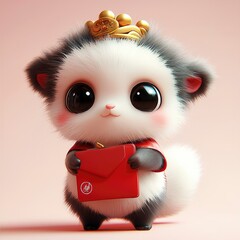 Poster - Cute Cartoon Animal Holding Red Envelope in a Crown