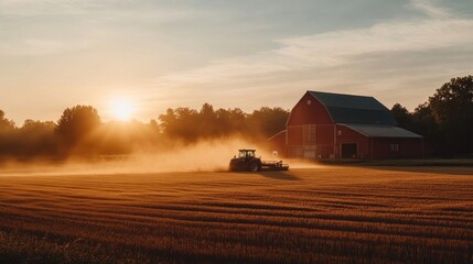 Wall Mural - Sunrise on the Farm with a Tractor