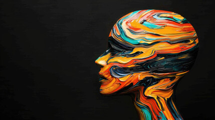 An abstract silhouette of human head filled with vibrant colors and swirling patterns, showcasing artistic expression and creativity. striking design captivates viewers imagination