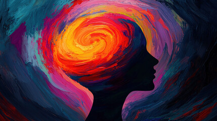 Wall Mural - An abstract silhouette of human head filled with vibrant colors, representing creativity and thought. swirling patterns evoke sense of emotion and imagination