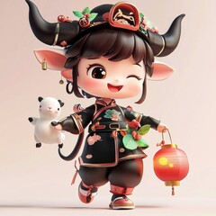 Canvas Print - Cute Cartoon Ox Girl with Lantern and Lamb