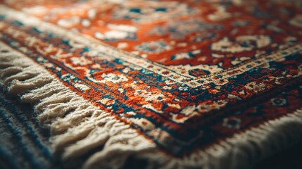 Canvas Print - Closeup of a Red and Blue Rug with Fringes