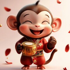 Canvas Print - Happy Monkey in Traditional Chinese Clothing Holding a Golden Drum