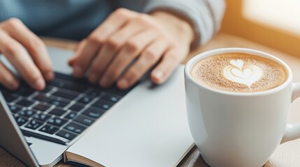 Canvas Print - A person using a laptop with coffee in front of them, AI