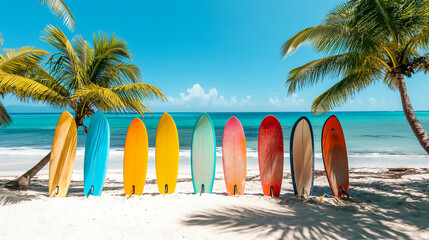 Colorful surfboards lined up on sunny beach with palm trees and clear skies. Generative AI