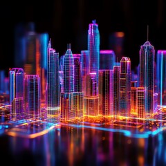 Poster - Neon city skyline with glowing skyscrapers at night.