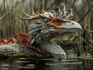 Sticker - Fantasy Dragon in a Swamp: A Close-Up View of a Mythical Creature