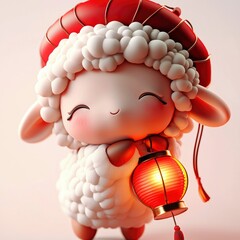 Sticker - Cute Cartoon Sheep Holding a Red Lantern