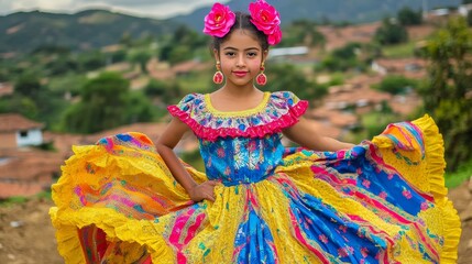 Wall Mural - Vibrant Colombian Teenager in Traditional Cumbia Dress Poses in Rural Setting