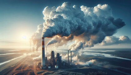 High-resolution photo of an industrial smokestack releasing dense white smoke into a bright blue sky, with contrasting steel structures and a clear horizon