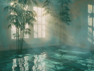 Canvas Print - Flooded Room with Sunlight and Tropical Plants