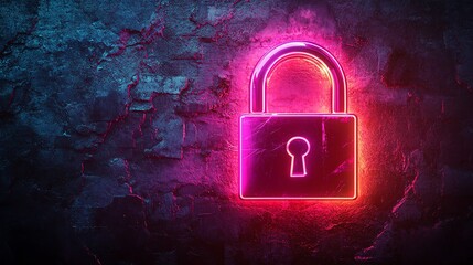 Poster - Neon pink padlock on a dark blue textured wall.