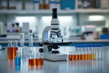 Wall Mural - lab table with microscope and test tubes, science experiment concept banner in an empty laboratory