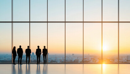 Poster - Silhouettes of business professionals standing by large window, overlooking stunning sunset view of city skyline. scene conveys sense of opportunity and ambition