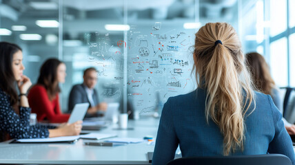 Aufkleber - A sleek glass office space featuring team of business professionals engaged in meeting, with focus on collaboration and innovation. atmosphere is dynamic and productive