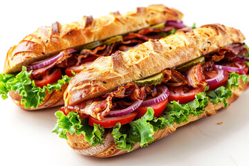 Wall Mural - Sandwich traditional bread tomato cheese and ham fried on white background isolate.