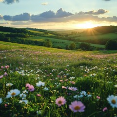 Poster - Sunset Over a Meadow with Blooming Flowers