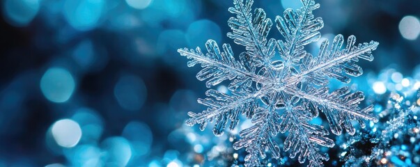 Poster - A stunning snowflake glistening on a vibrant blue background, capturing the essence of winter's beauty and tranquility.