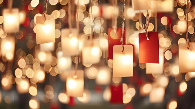 Abstract Background with Hanging Tags and Warm Bokeh Lights, Creating a Festive and Whimsical Atmosphere