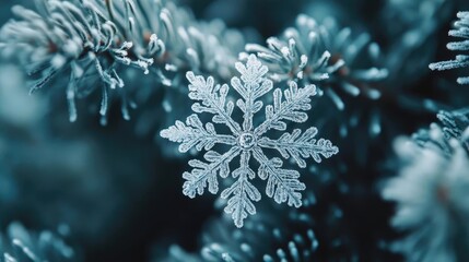 Aufkleber - A delicate snowflake rests on a frosty pine branch, showcasing intricate patterns and the beauty of winter's chill.