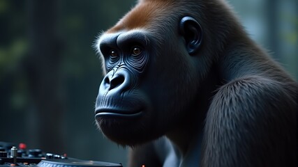 Poster - Gorilla with black mouth and brown hair close-up