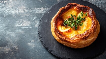 Wall Mural - Baked pastry topped with melted cheese and herbs on slate plate