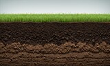 Cross-section of soil layers with green grass above
