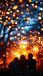 © ItziesDesign - Vibrant outdoor New Year's Eve celebration, family huddled together under glowing string lights, fireworks exploding in the background
