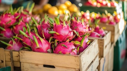 Wooden boxes of dragon fruit at the market in Thailand, blurred background.