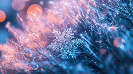 Aufkleber - A delicate snowflake resting on icy blue and purple strands, creating a mesmerizing winter scene filled with intricate details.