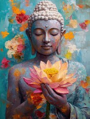 Buddha holding colorful lotus flower, oil painting