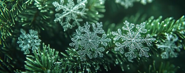 Poster - Close-up of snowflakes resting on evergreen branches, showcasing delicate patterns and a serene winter atmosphere.