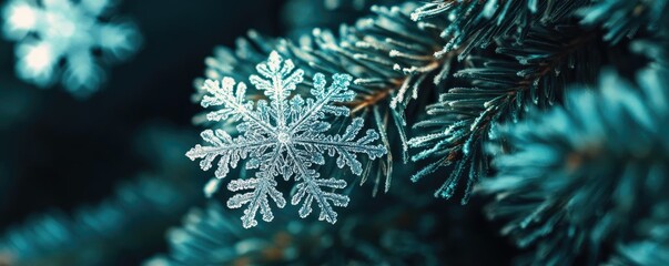 Poster - A close-up of a delicate snowflake resting on a pine needle, showcasing intricate details of winter beauty against a dark backdrop.