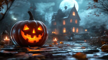 Halloween pumpkin with candlelight in front of a haunted house background,