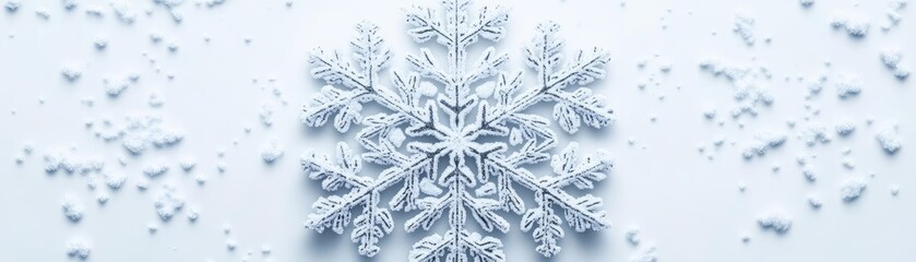 Poster - Close-up of a delicate snowflake resting on a white surface, showcasing intricate patterns and beautiful winter details.