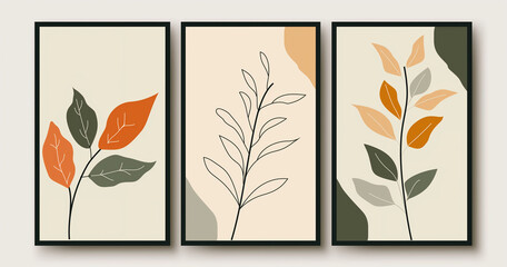 Wall Mural - set of canvases frame with an abstract foliage. green and orange Plant stick art design wallpaper autumn leaves 