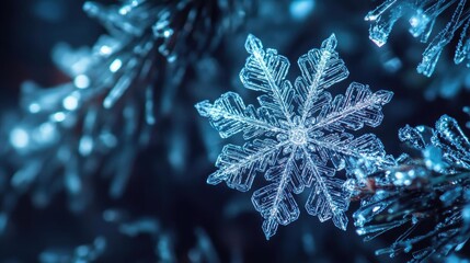 Poster - Close-up of a delicate snowflake resting on a pine needle, capturing the beauty of winter's frost and intricate nature.