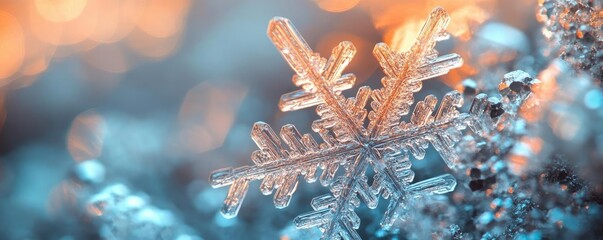 Poster - Close-up of a beautiful snowflake with intricate patterns, glistening in soft sunlight, representing winter's unique beauty.