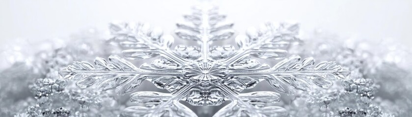 Poster - A stunning close-up of a delicate snowflake showcasing intricate details and shimmering ice crystals against a soft white backdrop.