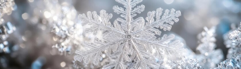Poster - Close-up of a beautiful, intricate snowflake on a frosty surface, showcasing detailed patterns and delicate ice crystals.
