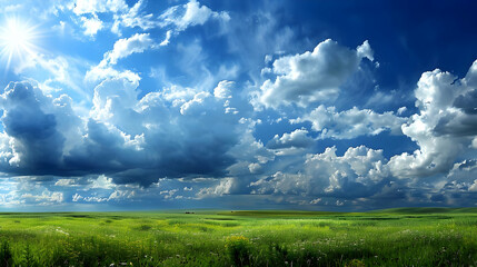 A Lush Green Meadow with a Sunny Sky and Fluffy White Clouds as a Peaceful and Tranquil Landscape