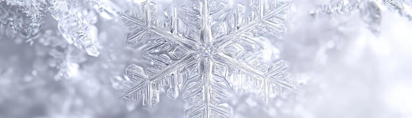 Poster - A close-up view of a delicate snowflake resting on a soft blanket of snow, showcasing its intricate and unique patterns.