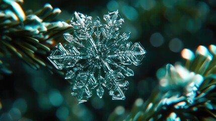 Poster - Close-up of an intricate snowflake shimmering on a pine branch, showcasing its unique crystalline structure and winter beauty.