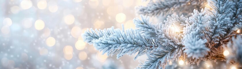 Poster - A close-up of a frosty pine branch, adorned with glimmering lights, evoking a magical winter ambiance.