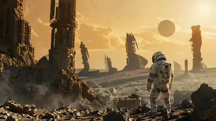 Wall Mural - An astronaut in a spacesuit on the surface of an uncharted planet. AI Generated