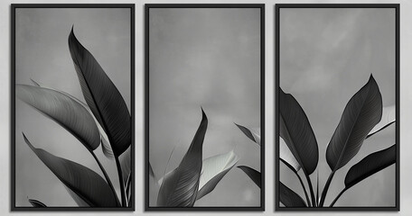 Wall Mural - three canvases of vertical black frame, grey solid background with leaves