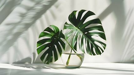 Two Large Green Monstera Leaves are in a Glass Vase in Front of a White Wall, the Leaves are Casting Shadows on the Wall and a White Surface