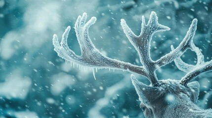 Poster - A stunning close-up of a frost-covered deer antler in a winter landscape, showcasing the beauty of nature in the snowy season.