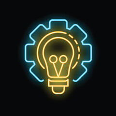 Poster - Bright neon icon of a lightbulb surrounded by a gear mechanism, representing the concept of innovation