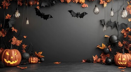 A simple gray wall with Halloween decorations on the left and right sides, including pumpkins, 